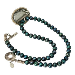 Peacock Green Freshwater Pearl Necklace with Vintage Art Glass Cabochon Brooch Pendant