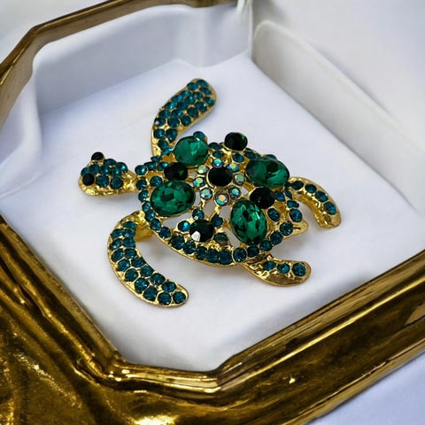 Emerald & Teal Rhinestone Gold Tone Turtle Brooch | Eye-Catching Statement Pin