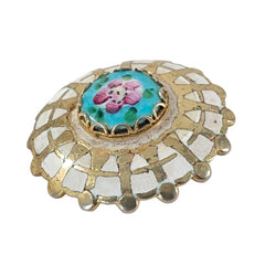 Vintage Guilloche Enamel Blue & Pink Flower Round Brooch