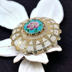 Vintage Guilloche Enamel Blue & Pink Flower Round Brooch