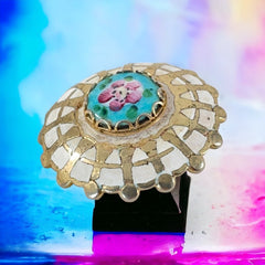 Vintage Guilloche Enamel Blue & Pink Flower Round Brooch