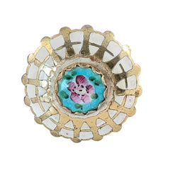 Vintage Guilloche Enamel Blue & Pink Flower Round Brooch