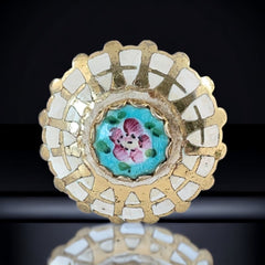Vintage Guilloche Enamel Blue & Pink Flower Round Brooch