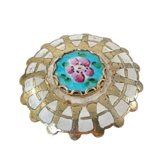 Vintage Guilloche Enamel Blue & Pink Flower Round Brooch