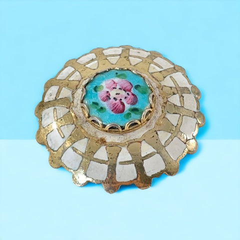 Vintage Guilloche Enamel Blue & Pink Flower Round Brooch