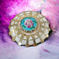 Vintage Guilloche Enamel Blue & Pink Flower Round Brooch