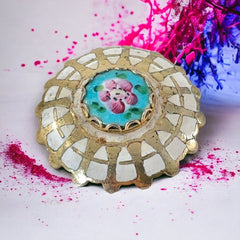 Vintage Guilloche Enamel Blue & Pink Flower Round Brooch