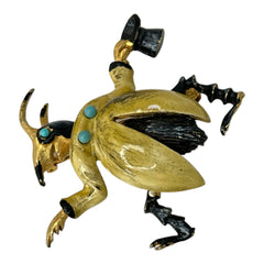 Signed Hattie Carnegie vintage bug brooch with yellow enamel coat, black top hat, turquoise cabochons, and gold-tone details—whimsical mid-century costume jewelry