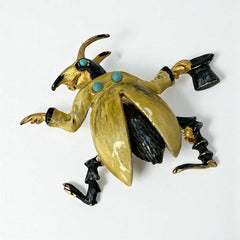 Signed Hattie Carnegie vintage bug brooch with yellow enamel coat, black top hat, turquoise cabochons, and gold-tone details—whimsical mid-century costume jewelry
