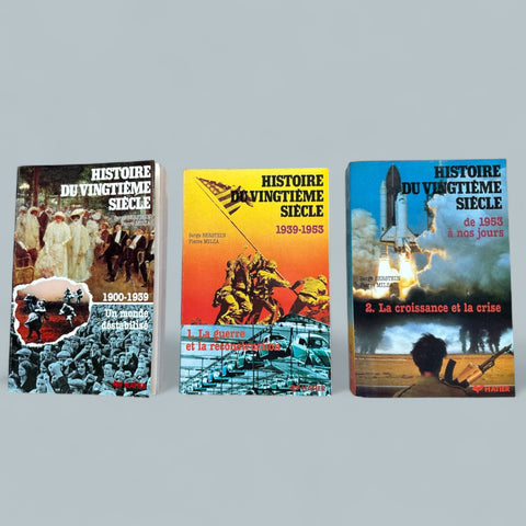 Three-volume set of 'Histoire du XXe Siècle' by Serge Bernstein and Pierre Milza, softcover French history books published by Hatier, shown with vintage wear and pencil markings.