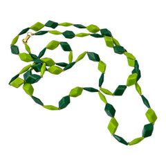 Vintage 1960s Hong Kong Apple & Forest Green Plastic Diamond Cubes Extra Long Necklace – Bold & Versatile Retro Style