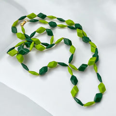 Vintage 1960s Hong Kong Apple & Forest Green Plastic Diamond Cubes Extra Long Necklace – Bold & Versatile Retro Style