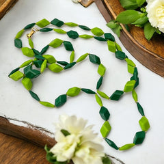 Vintage 1960s Hong Kong Apple & Forest Green Plastic Diamond Cubes Extra Long Necklace – Bold & Versatile Retro Style