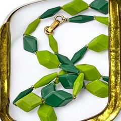 Vintage 1960s Hong Kong Apple & Forest Green Plastic Diamond Cubes Extra Long Necklace – Bold & Versatile Retro Style