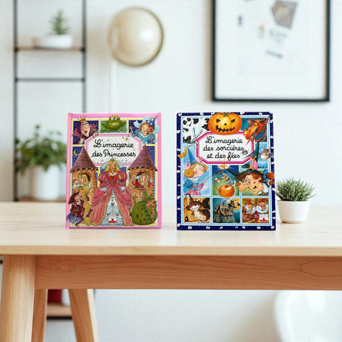 Bundle of two French children's books from the 'L’Imagerie des Tout-Petits' series by Fleurus, featuring 'Les Sorcières et les Fées' (1997) and 'Les Princesses' (2003), shown in excellent vintage condition.