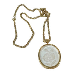 Vintage 1970s Clear Lucite Reverse Carved Rose Pendant Necklace