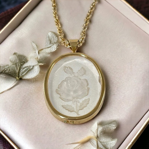 Vintage 1970s Clear Lucite Reverse Carved Rose Pendant Necklace