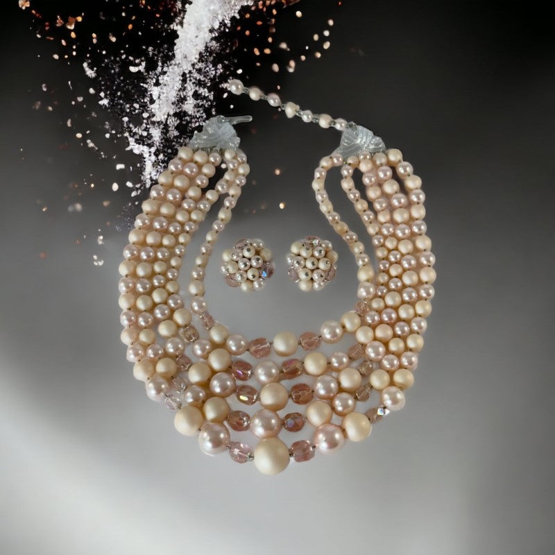 Vintage Japan Pale Pink Plastic & Glass 5-Strand Necklace and Cluster Clip-on Earrings Set