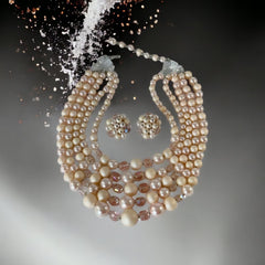 Vintage Japan Pale Pink Plastic & Glass 5-Strand Necklace and Cluster Clip-on Earrings Set