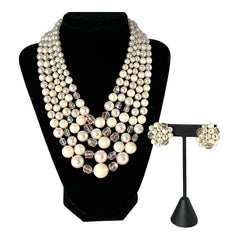 Vintage Japan Pale Pink Plastic & Glass 5-Strand Necklace and Cluster Clip-on Earrings Set