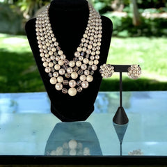 Vintage Japan Pale Pink Plastic & Glass 5-Strand Necklace and Cluster Clip-on Earrings Set