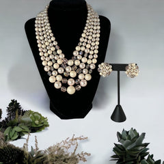 Vintage Japan Pale Pink Plastic & Glass 5-Strand Necklace and Cluster Clip-on Earrings Set