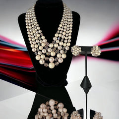 Vintage Japan Pale Pink Plastic & Glass 5-Strand Necklace and Cluster Clip-on Earrings Set