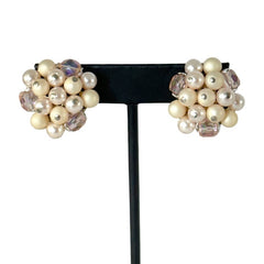Vintage Japan Pale Pink Plastic & Glass 5-Strand Necklace and Cluster Clip-on Earrings Set