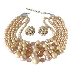 Vintage Japan Pale Pink Plastic & Glass 5-Strand Necklace and Cluster Clip-on Earrings Set