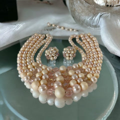 Vintage Japan Pale Pink Plastic & Glass 5-Strand Necklace and Cluster Clip-on Earrings Set