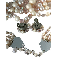 Vintage Japan Pale Pink Plastic & Glass 5-Strand Necklace and Cluster Clip-on Earrings Set