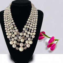 Vintage Japan Pale Pink Plastic & Glass 5-Strand Necklace and Cluster Clip-on Earrings Set