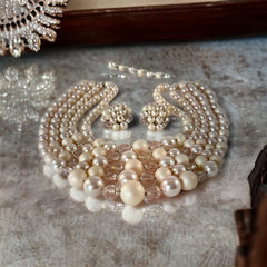 Vintage Japan Pale Pink Plastic & Glass 5-Strand Necklace and Cluster Clip-on Earrings Set
