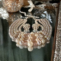 Vintage Japan Pale Pink Plastic & Glass 5-Strand Necklace and Cluster Clip-on Earrings Set