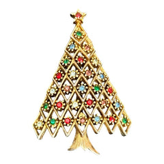 Vintage JJ Jonette 1970s Christmas Tree Brooch | Multicolor Rhinestones Gold Tone Holiday Pin | Holiday Gift Idea