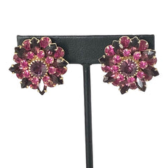 Vintage Judy Lee Fuchsia Brooch and Clip-on Earrings Jewelry Set, Fuchsia & Amethyst Rhinestones Gold Tone Demi-Parure
