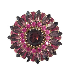 Vintage Judy Lee Fuchsia Brooch and Clip-on Earrings Jewelry Set, Fuchsia & Amethyst Rhinestones Gold Tone Demi-Parure
