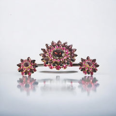 Vintage Judy Lee Fuchsia Brooch and Clip-on Earrings Jewelry Set, Fuchsia & Amethyst Rhinestones Gold Tone Demi-Parure
