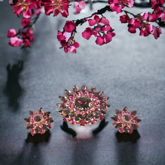 Vintage Judy Lee Fuchsia Brooch and Clip-on Earrings Jewelry Set, Fuchsia & Amethyst Rhinestones Gold Tone Demi-Parure