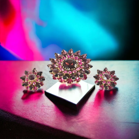 Vintage Judy Lee Fuchsia Brooch and Clip-on Earrings Jewelry Set, Fuchsia & Amethyst Rhinestones Gold Tone Demi-Parure