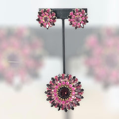 Vintage Judy Lee Fuchsia Brooch and Clip-on Earrings Jewelry Set, Fuchsia & Amethyst Rhinestones Gold Tone Demi-Parure