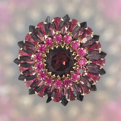 Vintage Judy Lee Fuchsia Brooch and Clip-on Earrings Jewelry Set, Fuchsia & Amethyst Rhinestones Gold Tone Demi-Parure