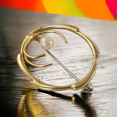 Vintage Krementz Pearl Gold Plated Flower & Leaf Brooch
