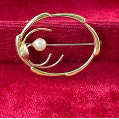 Vintage Krementz Pearl Gold Plated Flower & Leaf Brooch