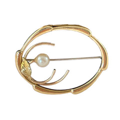 Vintage Krementz Pearl Gold Plated Flower & Leaf Brooch