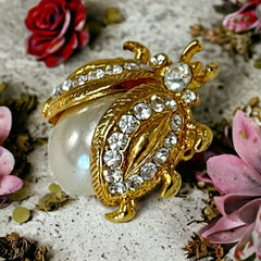 Vintage Ladybug Faux Pearl Rhinestone Gold Tone Small Brooch
