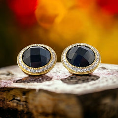 Vintage Landau Faceted Black Cabochon & Clear Rhinestones Gold Tone Clip-on Earrings