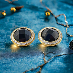 Vintage Landau Faceted Black Cabochon & Clear Rhinestones Gold Tone Clip-on Earrings
