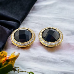 Vintage Landau Faceted Black Cabochon & Clear Rhinestones Gold Tone Clip-on Earrings