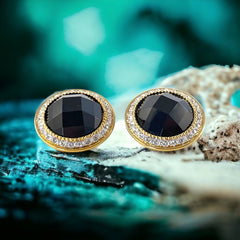 Vintage Landau Faceted Black Cabochon & Clear Rhinestones Gold Tone Clip-on Earrings